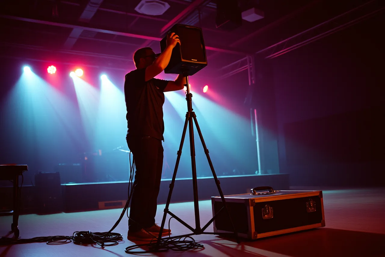 DJ lifting a speaker onto a tripod during venue setup (Should You Charge a DJ Setup Fee? A Rate Breakdown)